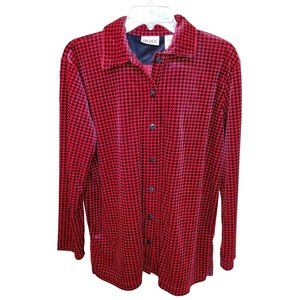 Russ Liz Claiborne Shirt/Jacket Velour Red/Black Houndstooth Size 8/10 Med
